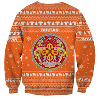 Bhutan Christmas Sweatshirt with Takin Santa Hat Christmas Tree and Snowflake Pattern in Orange - Wonder Print Shop