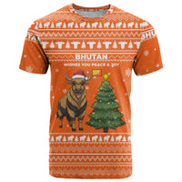 Bhutan Christmas T Shirt with Takin Santa Hat Christmas Tree and Snowflake Pattern in Orange - Wonder Print Shop