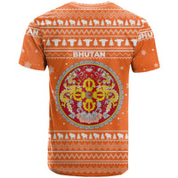 Bhutan Christmas T Shirt with Takin Santa Hat Christmas Tree and Snowflake Pattern in Orange - Wonder Print Shop