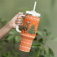 Bhutan Christmas Tumbler With Handle with Takin Santa Hat Christmas Tree and Snowflake Pattern in Orange - Wonder Print Shop