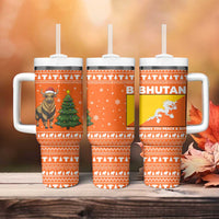 Bhutan Christmas Tumbler With Handle with Takin Santa Hat Christmas Tree and Snowflake Pattern in Orange - Wonder Print Shop