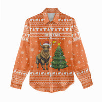 Bhutan Christmas Women Casual Shirt with Takin Santa Hat Christmas Tree and Snowflake Pattern in Orange - Wonder Print Shop