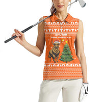 Bhutan Christmas Women Sleeveless Polo Shirt with Takin Santa Hat Christmas Tree and Snowflake Pattern in Orange - Wonder Print Shop
