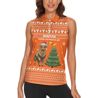 Bhutan Christmas Women Sleeveless Polo Shirt with Takin Santa Hat Christmas Tree and Snowflake Pattern in Orange - Wonder Print Shop