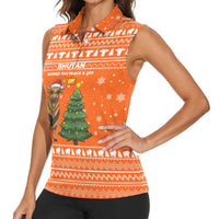 Bhutan Christmas Women Sleeveless Polo Shirt with Takin Santa Hat Christmas Tree and Snowflake Pattern in Orange - Wonder Print Shop