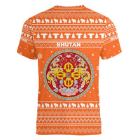 Bhutan Christmas Women V-Neck T-Shirt with Takin Santa Hat Christmas Tree and Snowflake Pattern in Orange - Wonder Print Shop