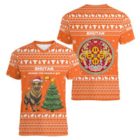 Bhutan Christmas Women V-Neck T-Shirt with Takin Santa Hat Christmas Tree and Snowflake Pattern in Orange - Wonder Print Shop