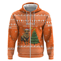 Bhutan Christmas Zip Hoodie with Takin Santa Hat Christmas Tree and Snowflake Pattern in Orange - Wonder Print Shop