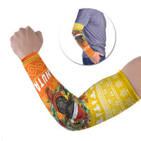 Bhutan Christmas Arm Sleeves with Takin Reindeer Antlers Santa Hat and Yellow Orange Holiday Pattern - Wonder Print Shop