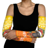 Bhutan Christmas Arm Sleeves with Takin Reindeer Antlers Santa Hat and Yellow Orange Holiday Pattern - Wonder Print Shop