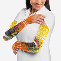 Bhutan Christmas Arm Sleeves with Takin Reindeer Antlers Santa Hat and Yellow Orange Holiday Pattern - Wonder Print Shop