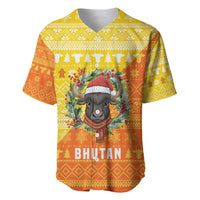 Bhutan Christmas Baseball Jersey with Takin Reindeer Antlers Santa Hat and Yellow Orange Holiday Pattern - Wonder Print Shop
