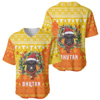 Bhutan Christmas Baseball Jersey with Takin Reindeer Antlers Santa Hat and Yellow Orange Holiday Pattern - Wonder Print Shop