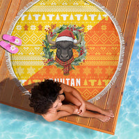 Bhutan Christmas Beach Blanket with Takin Reindeer Antlers Santa Hat and Yellow Orange Holiday Pattern - Wonder Print Shop