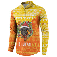 Bhutan Christmas Button Sweatshirt with Takin Reindeer Antlers Santa Hat and Yellow Orange Holiday Pattern - Wonder Print Shop