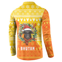 Bhutan Christmas Button Sweatshirt with Takin Reindeer Antlers Santa Hat and Yellow Orange Holiday Pattern - Wonder Print Shop