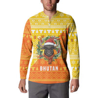 Bhutan Christmas Button Sweatshirt with Takin Reindeer Antlers Santa Hat and Yellow Orange Holiday Pattern - Wonder Print Shop