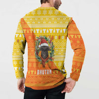 Bhutan Christmas Button Sweatshirt with Takin Reindeer Antlers Santa Hat and Yellow Orange Holiday Pattern - Wonder Print Shop