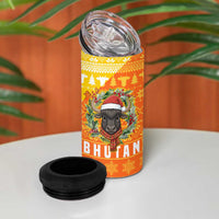Bhutan Christmas 4 in 1 Can Cooler Tumbler with Takin Reindeer Antlers Santa Hat and Yellow Orange Holiday Pattern - Wonder Print Shop
