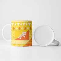 Bhutan Christmas Ceramic Mug with Takin Reindeer Antlers Santa Hat and Yellow Orange Holiday Pattern - Wonder Print Shop