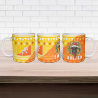 Bhutan Christmas Ceramic Mug with Takin Reindeer Antlers Santa Hat and Yellow Orange Holiday Pattern - Wonder Print Shop