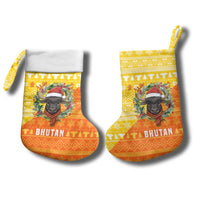 Bhutan Christmas Stocking with Takin Reindeer Antlers Santa Hat and Yellow Orange Holiday Pattern - Wonder Print Shop