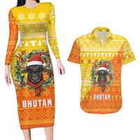 Bhutan Christmas Couples Matching Long Sleeve Bodycon Dress and Hawaiian Shirt with Takin Reindeer Antlers Santa Hat and Yellow Orange Holiday Pattern - Wonder Print Shop