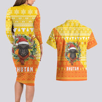 Bhutan Christmas Couples Matching Long Sleeve Bodycon Dress and Hawaiian Shirt with Takin Reindeer Antlers Santa Hat and Yellow Orange Holiday Pattern - Wonder Print Shop