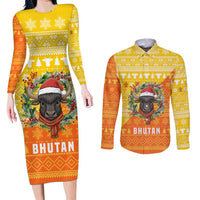 Bhutan Christmas Couples Matching Long Sleeve Bodycon Dress and Long Sleeve Button Shirt with Takin Reindeer Antlers Santa Hat and Yellow Orange Holiday Pattern - Wonder Print Shop