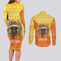 Bhutan Christmas Couples Matching Long Sleeve Bodycon Dress and Long Sleeve Button Shirt with Takin Reindeer Antlers Santa Hat and Yellow Orange Holiday Pattern - Wonder Print Shop