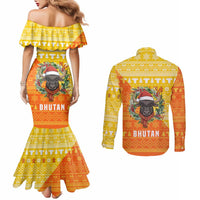 Bhutan Christmas Couples Matching Mermaid Dress and Long Sleeve Button Shirt with Takin Reindeer Antlers Santa Hat and Yellow Orange Holiday Pattern - Wonder Print Shop