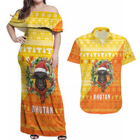 Bhutan Christmas Couples Matching Off Shoulder Maxi Dress and Hawaiian Shirt with Takin Reindeer Antlers Santa Hat and Yellow Orange Holiday Pattern - Wonder Print Shop