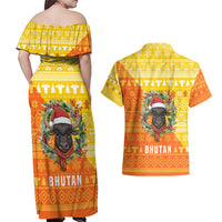 Bhutan Christmas Couples Matching Off Shoulder Maxi Dress and Hawaiian Shirt with Takin Reindeer Antlers Santa Hat and Yellow Orange Holiday Pattern - Wonder Print Shop