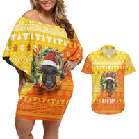 Bhutan Christmas Couples Matching Off Shoulder Short Dress and Hawaiian Shirt with Takin Reindeer Antlers Santa Hat and Yellow Orange Holiday Pattern - Wonder Print Shop