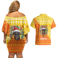 Bhutan Christmas Couples Matching Off Shoulder Short Dress and Hawaiian Shirt with Takin Reindeer Antlers Santa Hat and Yellow Orange Holiday Pattern - Wonder Print Shop