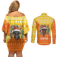 Bhutan Christmas Couples Matching Off Shoulder Short Dress and Long Sleeve Button Shirt with Takin Reindeer Antlers Santa Hat and Yellow Orange Holiday Pattern - Wonder Print Shop