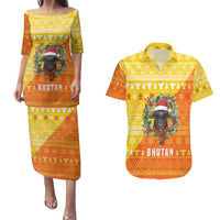 Bhutan Christmas Couples Matching Puletasi and Hawaiian Shirt with Takin Reindeer Antlers Santa Hat and Yellow Orange Holiday Pattern - Wonder Print Shop