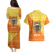 Bhutan Christmas Couples Matching Puletasi and Hawaiian Shirt with Takin Reindeer Antlers Santa Hat and Yellow Orange Holiday Pattern - Wonder Print Shop