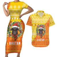 Bhutan Christmas Couples Matching Short Sleeve Bodycon Dress and Hawaiian Shirt with Takin Reindeer Antlers Santa Hat and Yellow Orange Holiday Pattern - Wonder Print Shop