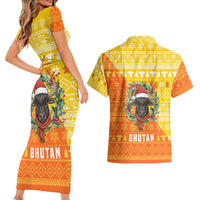 Bhutan Christmas Couples Matching Short Sleeve Bodycon Dress and Hawaiian Shirt with Takin Reindeer Antlers Santa Hat and Yellow Orange Holiday Pattern - Wonder Print Shop