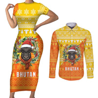Bhutan Christmas Couples Matching Short Sleeve Bodycon Dress and Long Sleeve Button Shirt with Takin Reindeer Antlers Santa Hat and Yellow Orange Holiday Pattern - Wonder Print Shop