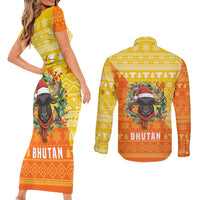 Bhutan Christmas Couples Matching Short Sleeve Bodycon Dress and Long Sleeve Button Shirt with Takin Reindeer Antlers Santa Hat and Yellow Orange Holiday Pattern - Wonder Print Shop