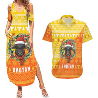 Bhutan Christmas Couples Matching Summer Maxi Dress and Hawaiian Shirt with Takin Reindeer Antlers Santa Hat and Yellow Orange Holiday Pattern - Wonder Print Shop