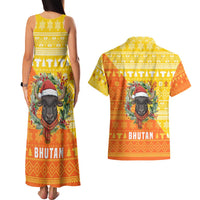 Bhutan Christmas Couples Matching Tank Maxi Dress and Hawaiian Shirt with Takin Reindeer Antlers Santa Hat and Yellow Orange Holiday Pattern - Wonder Print Shop