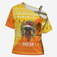 Bhutan Christmas Cross Shoulder Shirt with Takin Reindeer Antlers Santa Hat and Yellow Orange Holiday Pattern - Wonder Print Shop