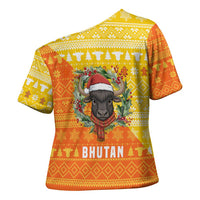 Bhutan Christmas Cross Shoulder Shirt with Takin Reindeer Antlers Santa Hat and Yellow Orange Holiday Pattern - Wonder Print Shop