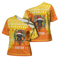 Bhutan Christmas Cross Shoulder Shirt with Takin Reindeer Antlers Santa Hat and Yellow Orange Holiday Pattern - Wonder Print Shop
