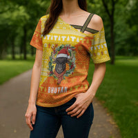 Bhutan Christmas Cross Shoulder Shirt with Takin Reindeer Antlers Santa Hat and Yellow Orange Holiday Pattern - Wonder Print Shop