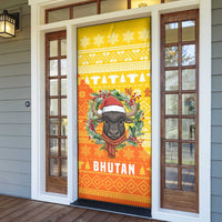 Bhutan Christmas Door Cover with Takin Reindeer Antlers Santa Hat and Yellow Orange Holiday Pattern - Wonder Print Shop