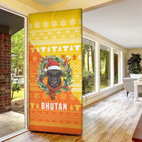 Bhutan Christmas Door Cover with Takin Reindeer Antlers Santa Hat and Yellow Orange Holiday Pattern - Wonder Print Shop